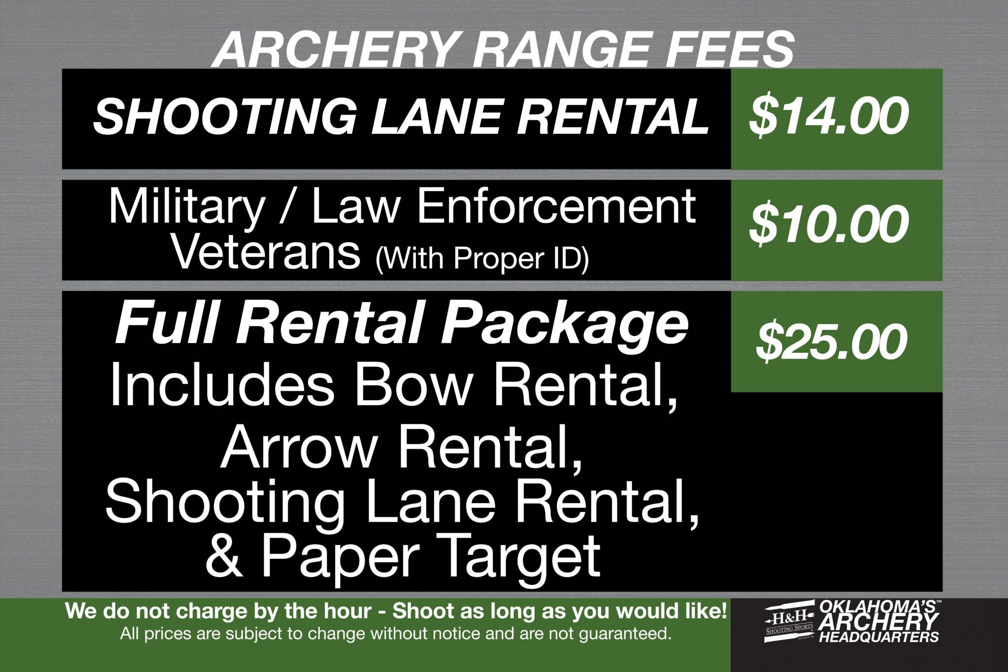 The list of Archery Range Rates