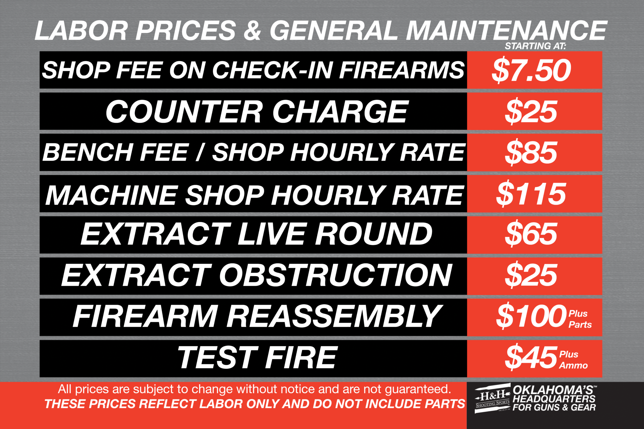 H&H Shooting Sports Gunsmith Rates - 1
