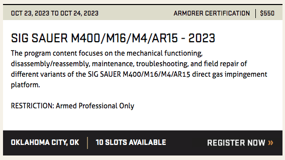 Training Announcement Armorer Certification SIG SAUER M400/M16/M4/AR15 Rifle 